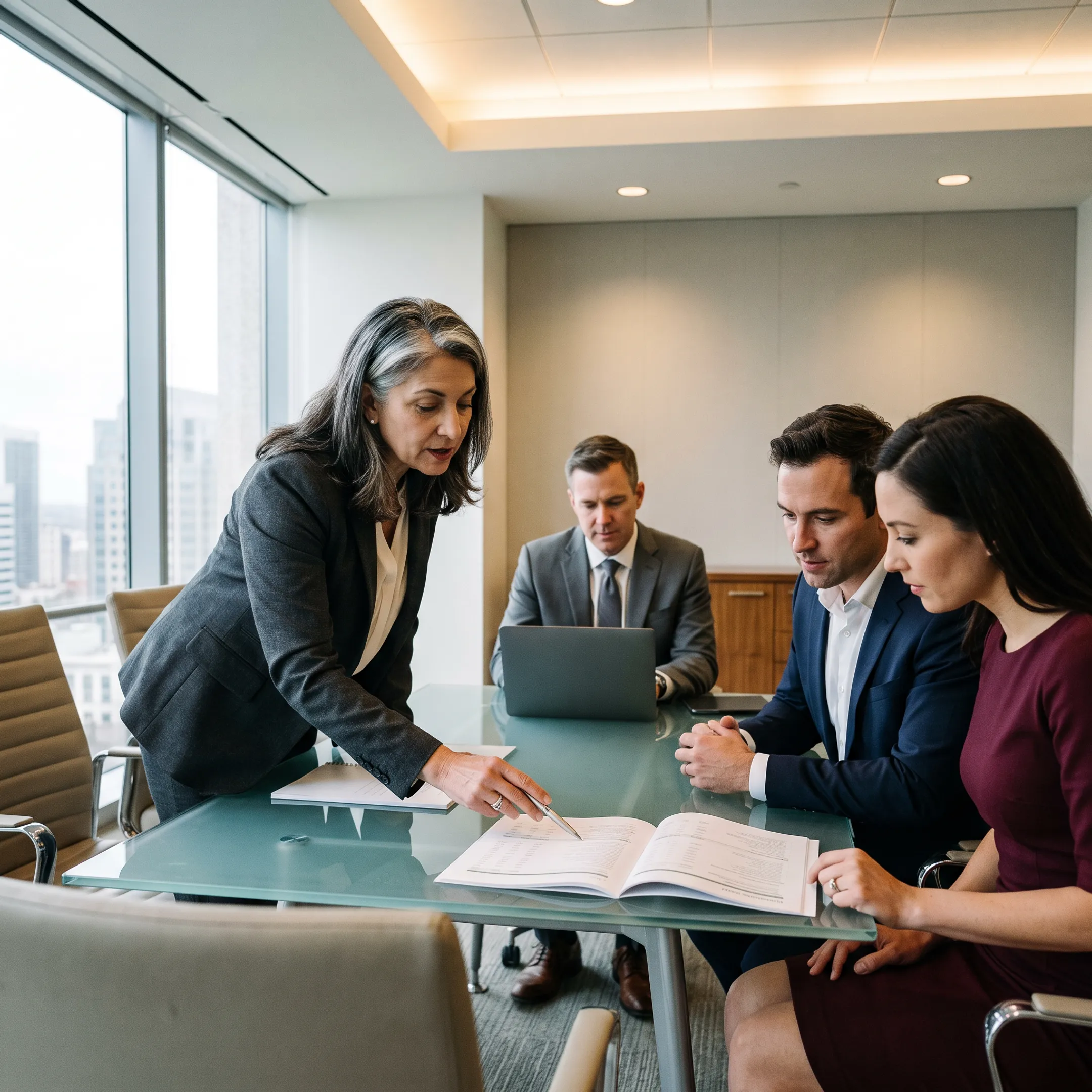 Senior financial advisors reviewing reports with a company leadership team in a modern San Francisco office