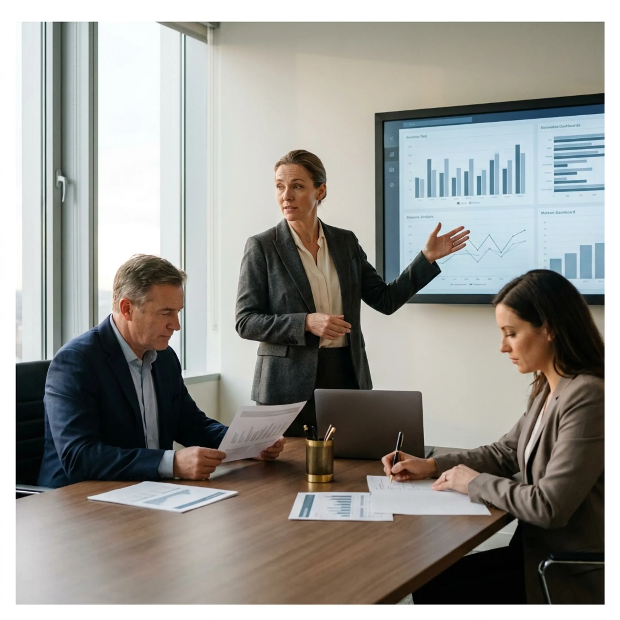 Finance advisor presenting improved reporting processes to business leaders