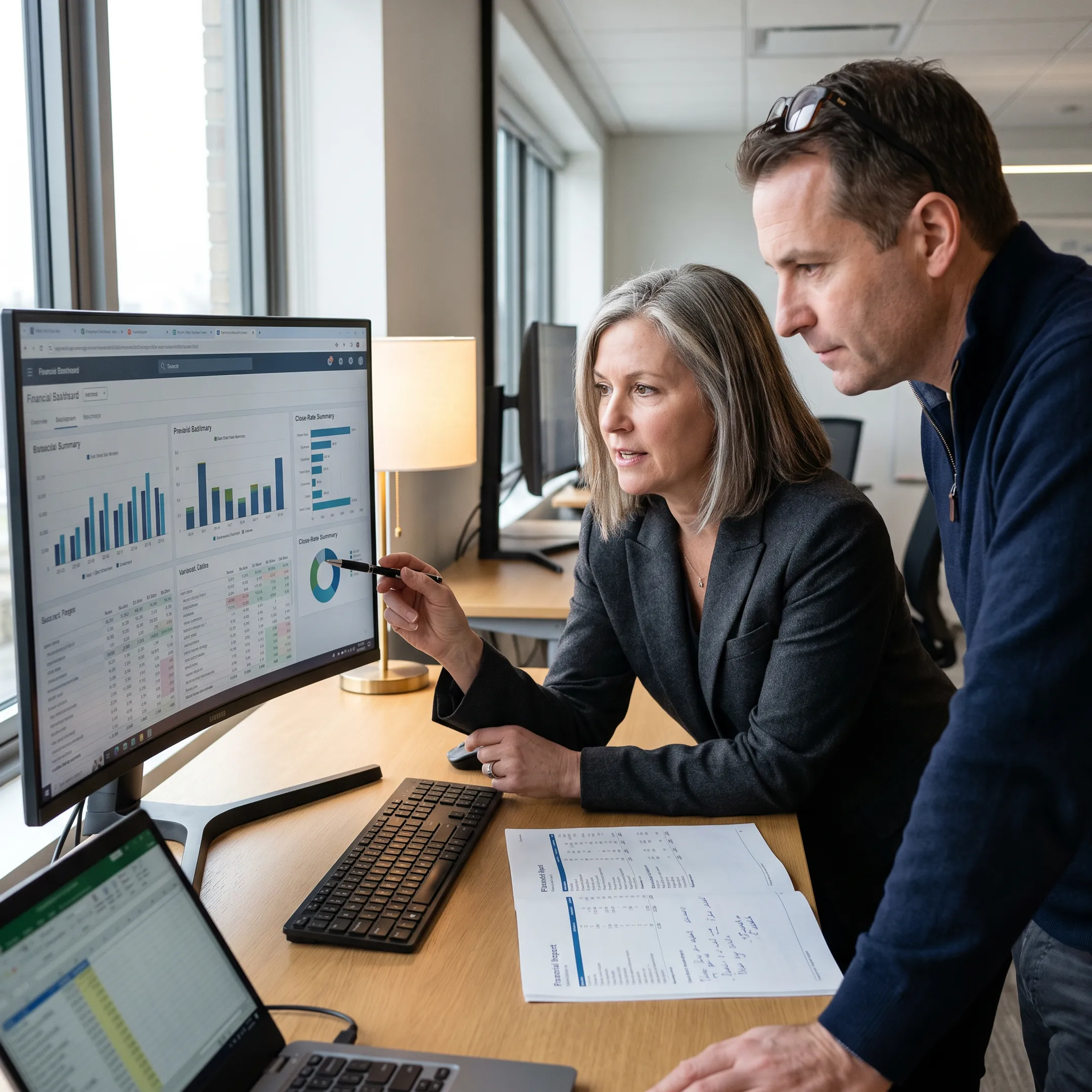 Finance leaders reviewing modern reporting dashboards and accounting workflows