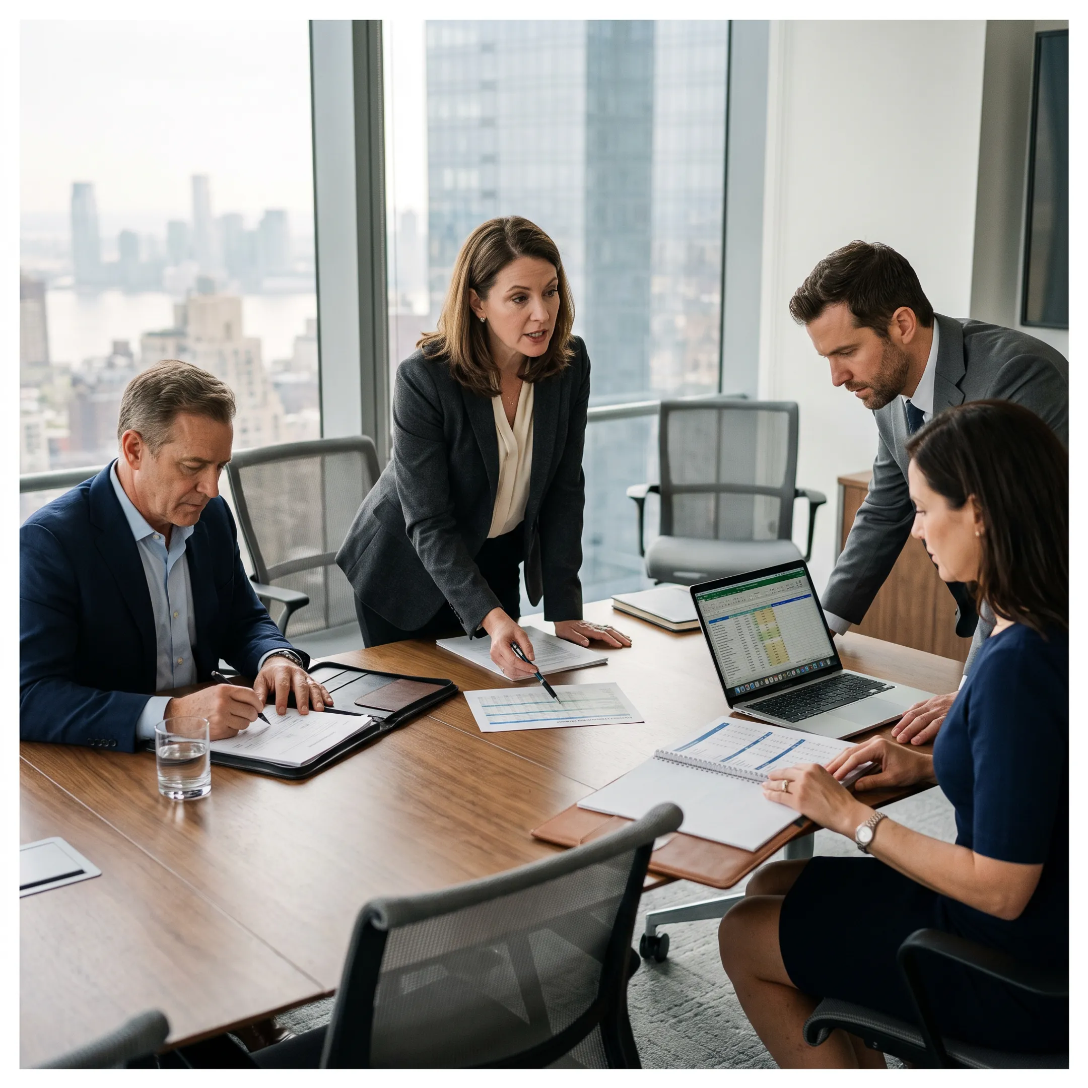 Finance leaders reviewing financial reports with executives in a NYC office