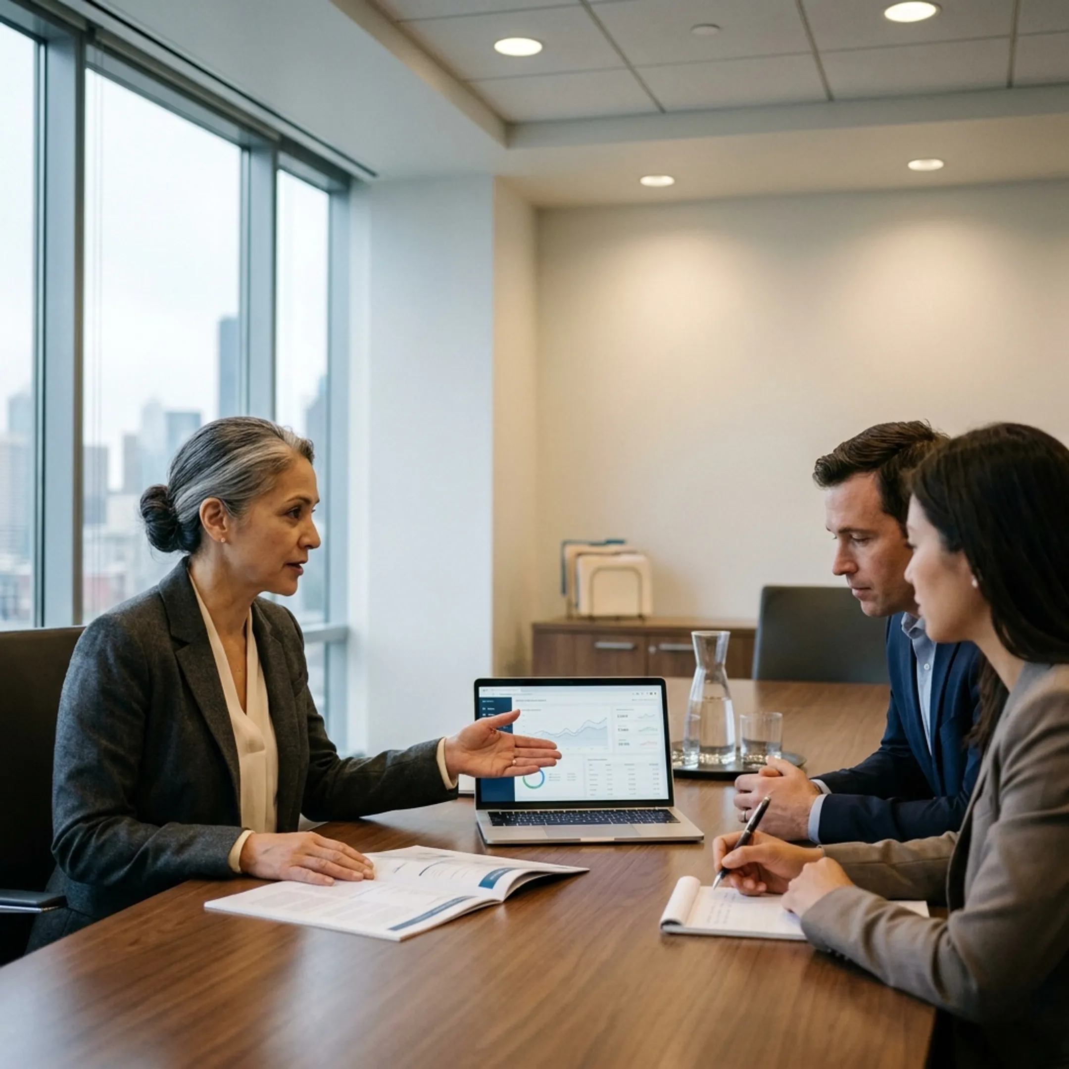 Finance executive reviewing business reports with Seattle leadership team