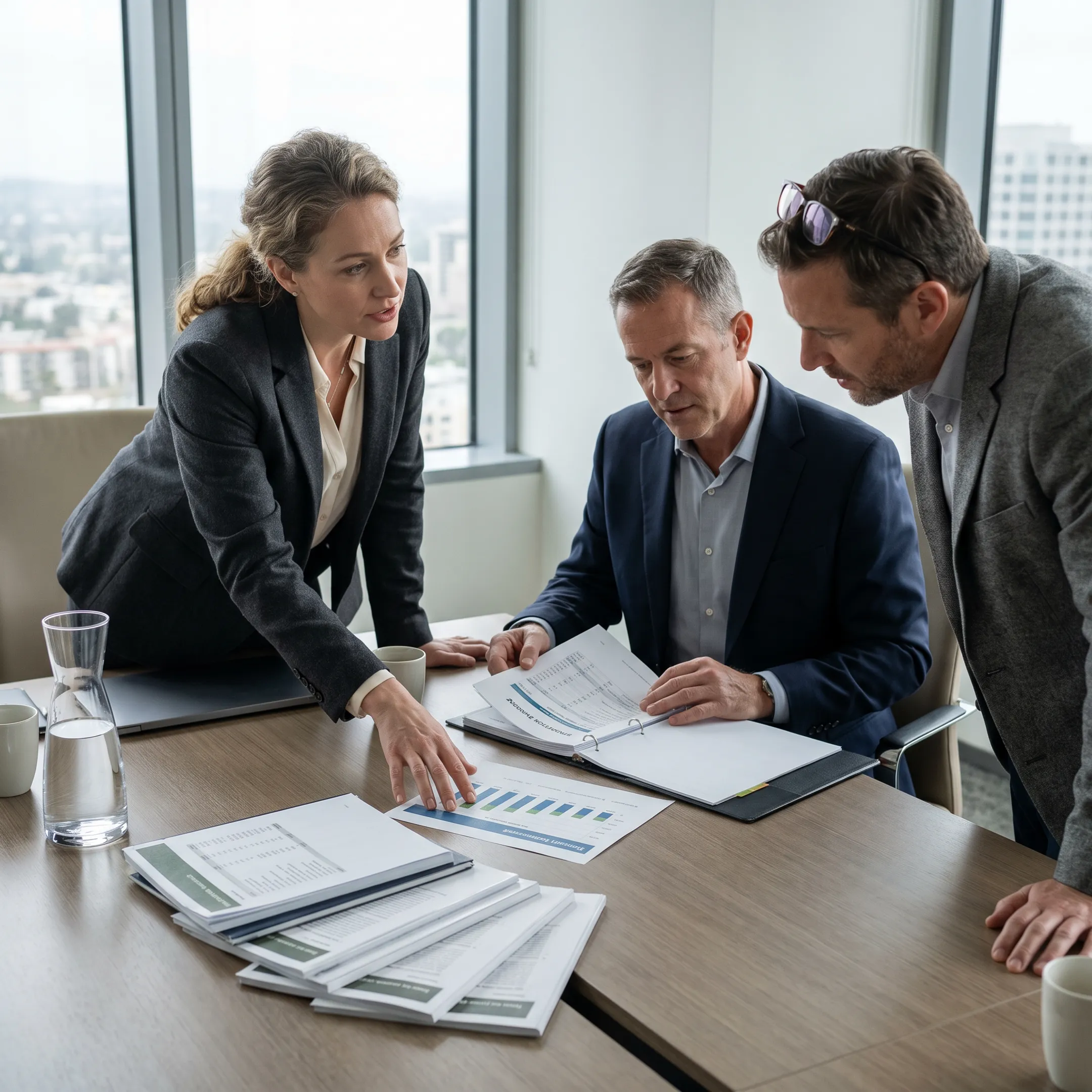 Finance leaders reviewing forecasts and reporting documents in a Los Angeles business office