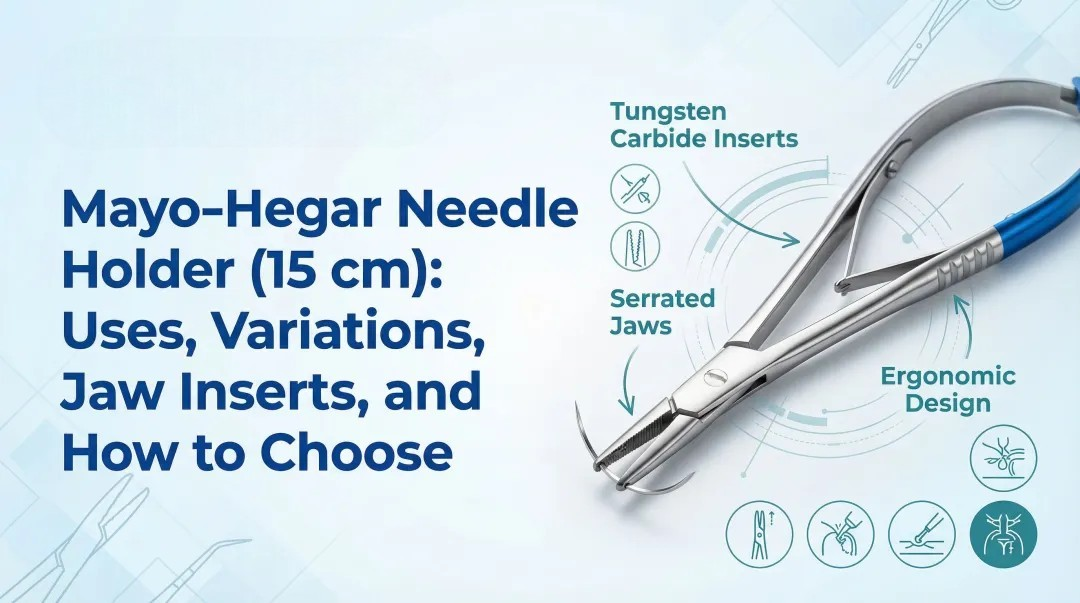 Cover image for Mayo-Hegar Needle Holder (15 cm): Uses, Variations, Jaw Inserts, and How to Choose