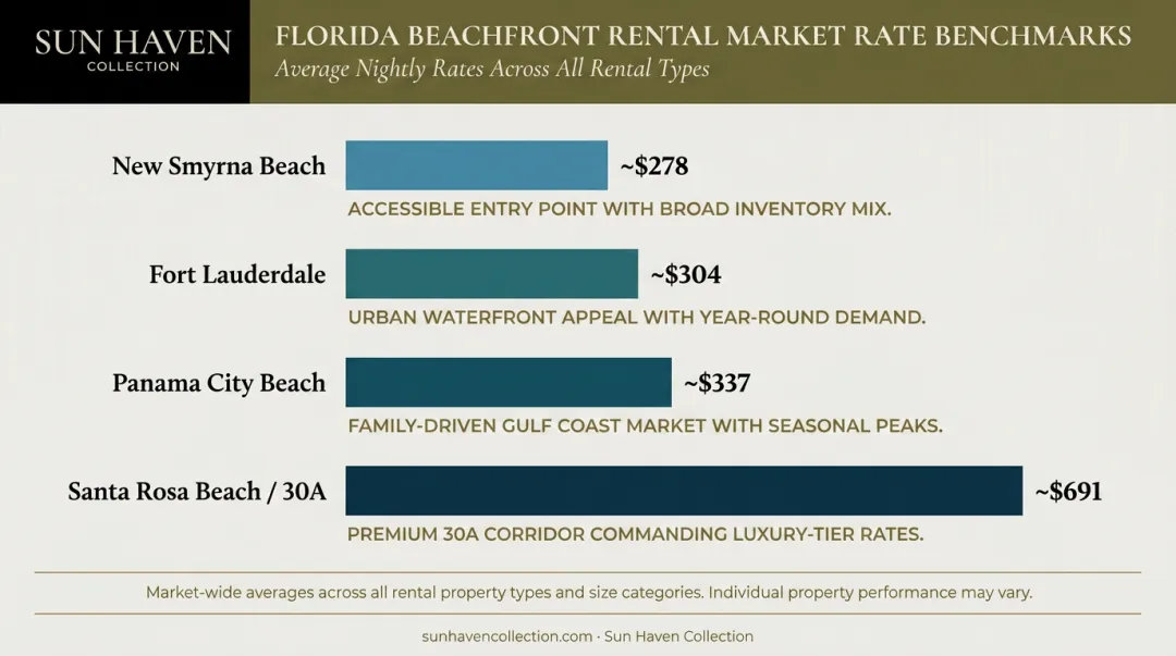 Florida beachfront rental average nightly rates by market comparison bar chart