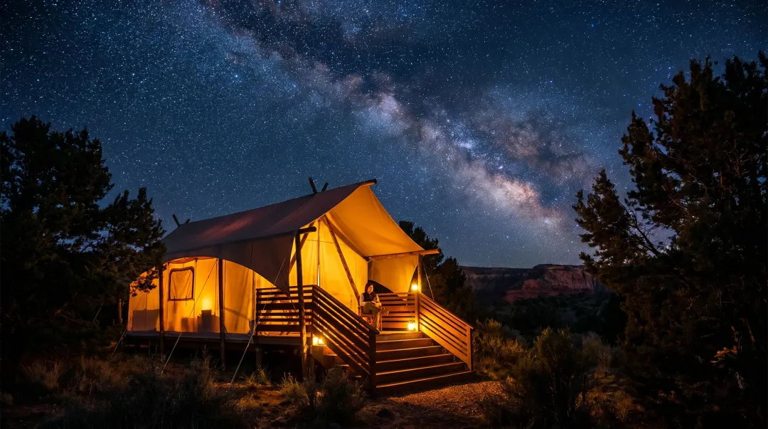 Luxury safari glamping tent under dark Arizona night sky near Grand Canyon