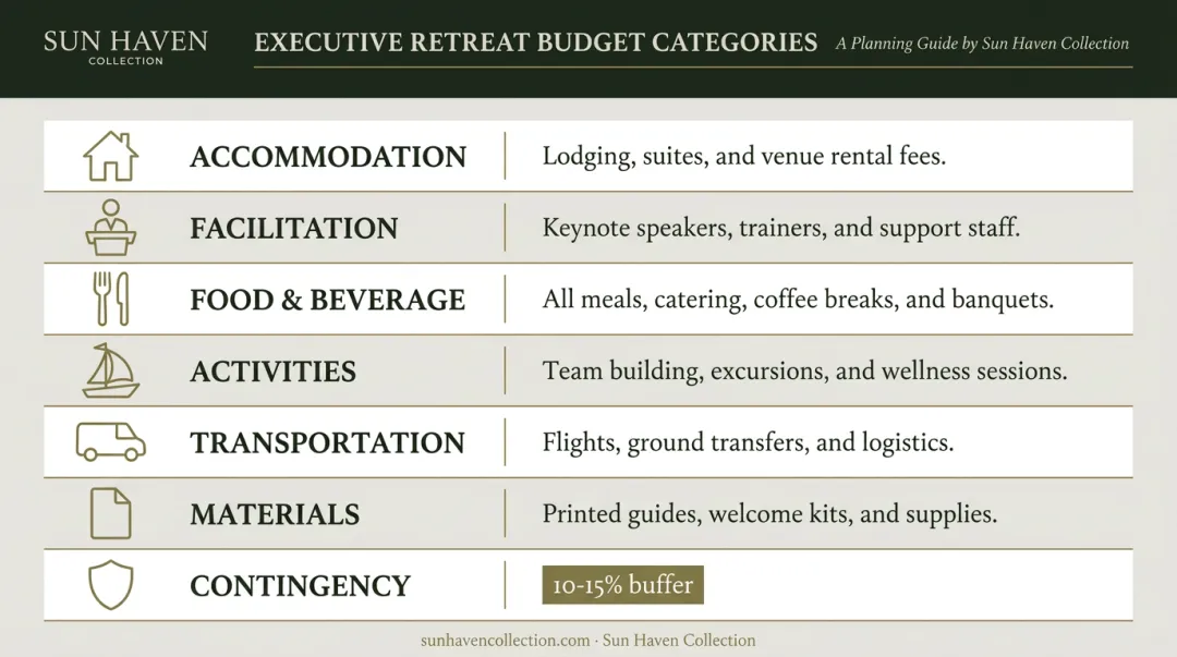 Executive retreat budget categories breakdown with cost planning notes infographic