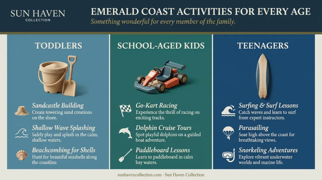 Emerald Coast family activities infographic for toddlers school-aged kids and teenagers