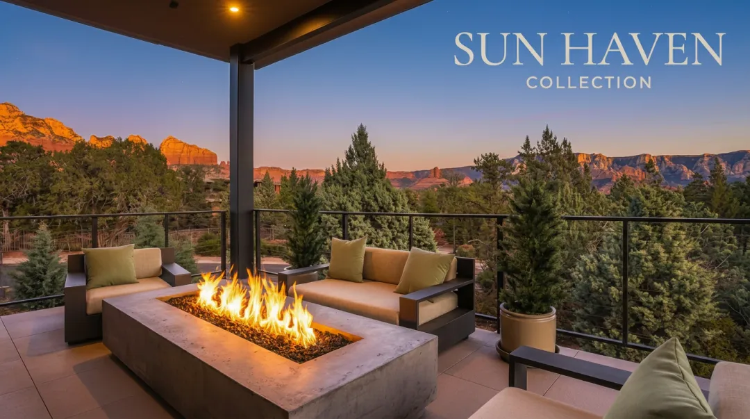Sun Haven Collection Sedona vacation rental patio with red rock views at dusk