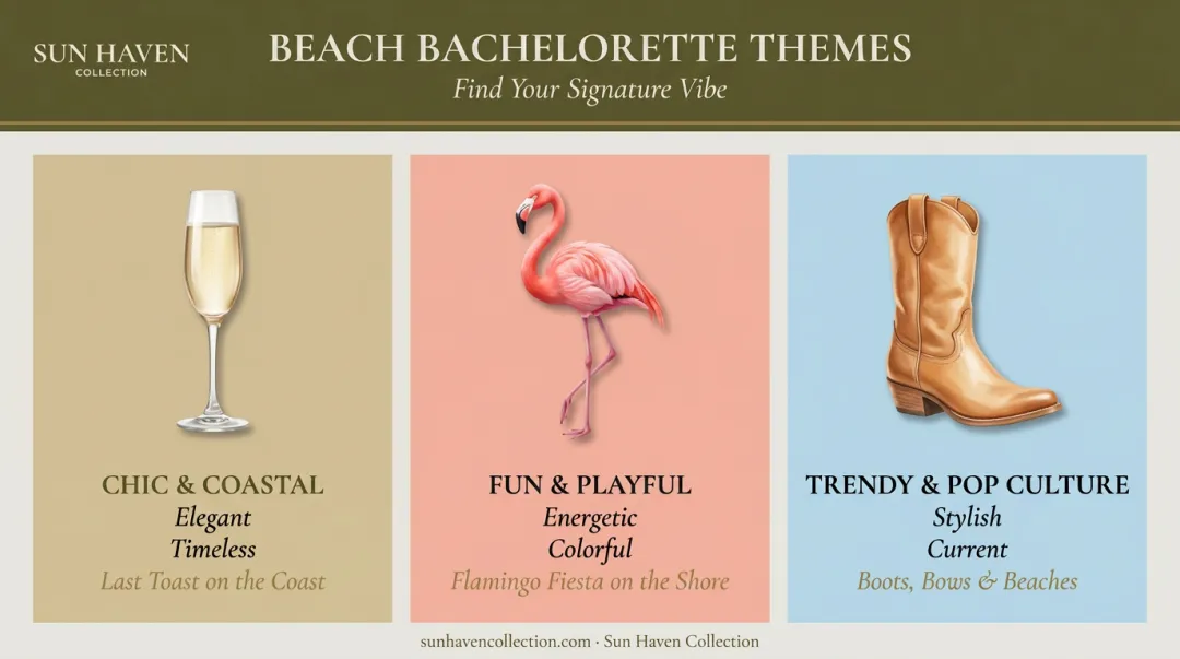 Comparison of three beach bachelorette party theme categories: Chic, Playful, and Trendy