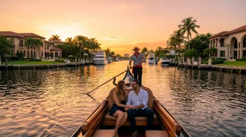 Romantic couple enjoying a gondola ride on Fort Lauderdale canals at sunset