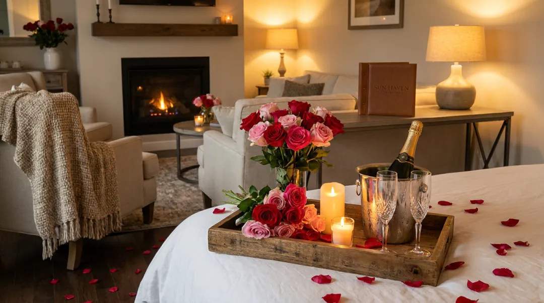 Sun Haven romantic getaway package setup with florals candles and champagne in private home