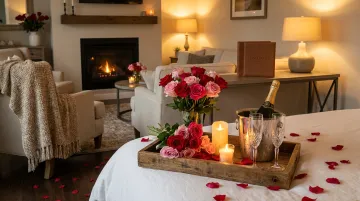 Sun Haven romantic getaway package setup with florals candles and champagne in private home