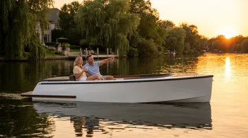 Romantic private sunset boat charter cruising Fort Lauderdale Intracoastal Waterway at golden hour