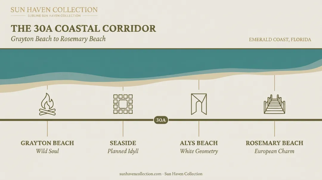 30A corridor beach neighborhoods map highlighting Rosemary Alys Seaside and Grayton Beach
