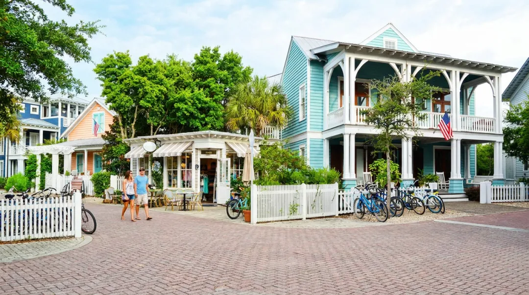 Seaside Florida beach town boardwalk boutique shops and coastal architecture on 30A