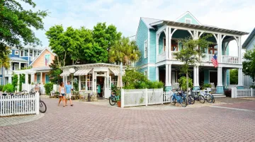 Seaside Florida beach town boardwalk boutique shops and coastal architecture on 30A