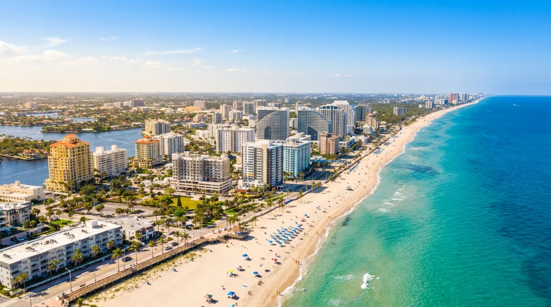 Fort Lauderdale beach aerial view showing Atlantic shoreline boardwalk and beach activity
