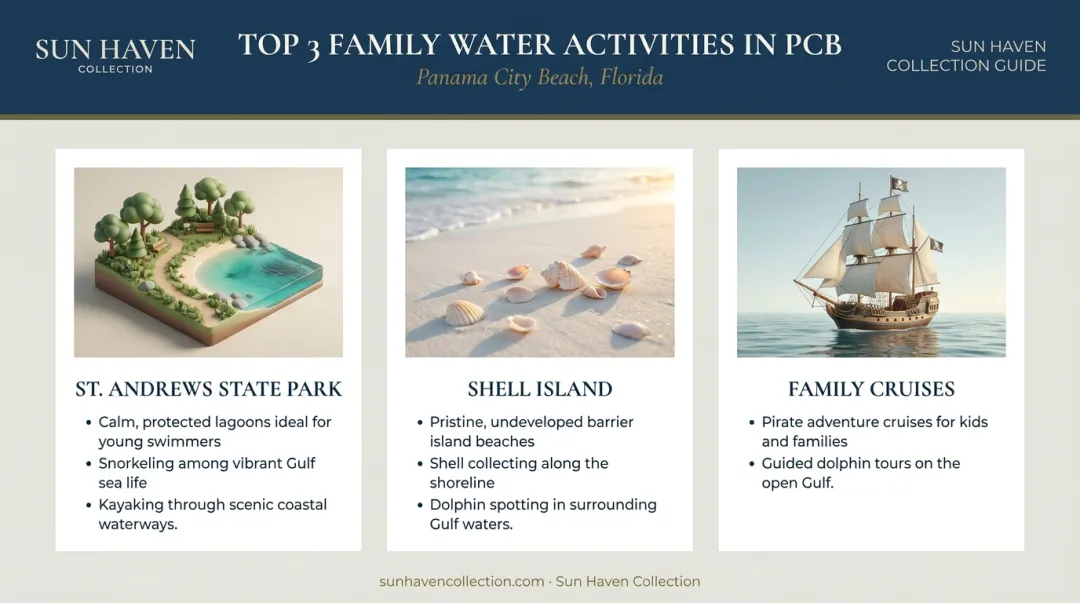 Top 3 family-friendly water adventures in Panama City Beach infographic