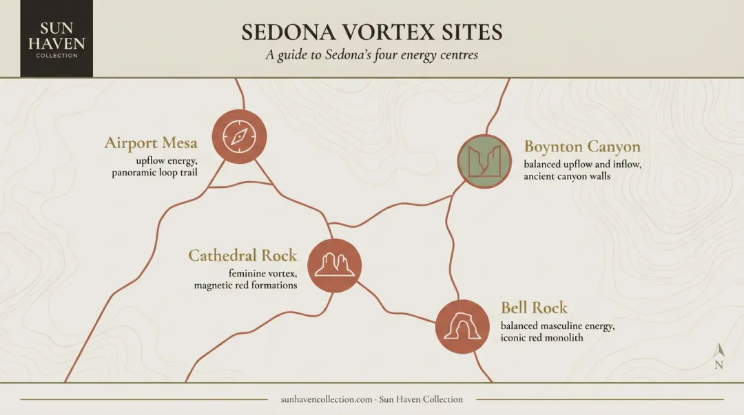 Sedona four vortex sites map showing Airport Mesa Bell Rock Cathedral Rock Boynton Canyon
