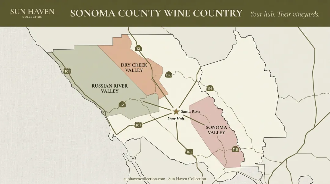 Map of Sonoma County showing Santa Rosa as a central hub to key wine regions