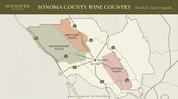 Map of Sonoma County showing Santa Rosa as a central hub to key wine regions