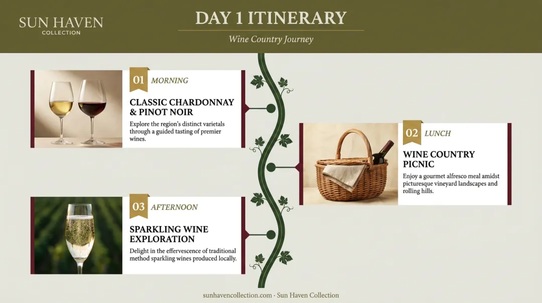 Day 1 Russian River Valley wine tasting itinerary infographic with timeline and stops