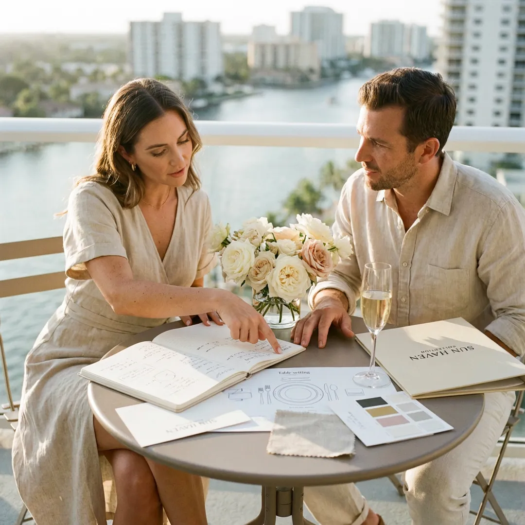 Couple planning a rooftop wedding