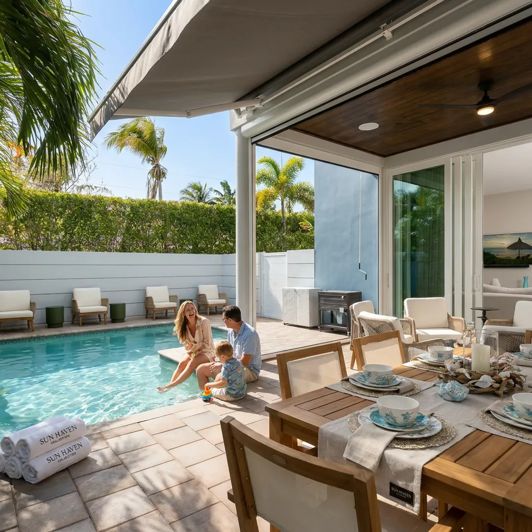 Family enjoying a luxury coastal vacation home pool