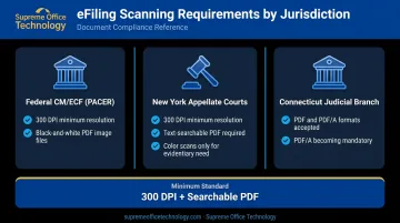 eFiling court document scanning requirements by jurisdiction comparison infographic