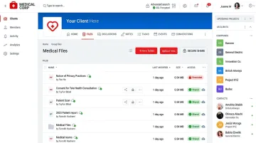 HIPAA compliant cloud document management portal showing secure file sharing interface