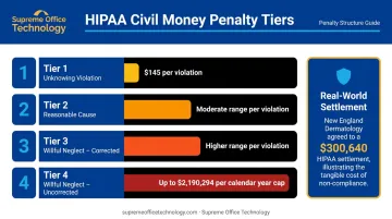 HIPAA civil penalty tiers by violation culpability level and annual maximum fines