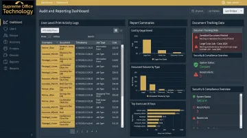 PaperCut print audit dashboard displaying user activity reports and document tracking logs