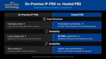 On-premise VoIP versus hosted PBX scalability and reliability comparison chart