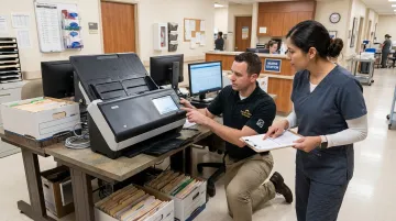 Healthcare scanning equipment specialist configuring document scanner for EHR integration
