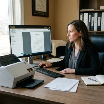 Technician reviewing scanned legal files on office workstation