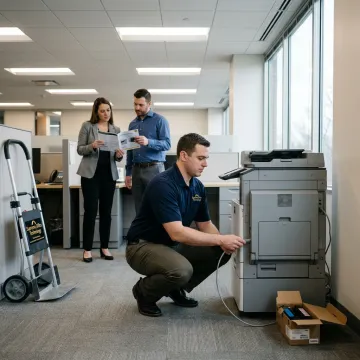 Technician setting up a multifunction printer rental