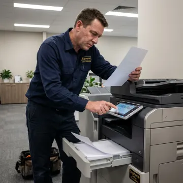 Technician testing copier after maintenance