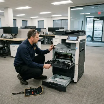 Technician repairing office copier