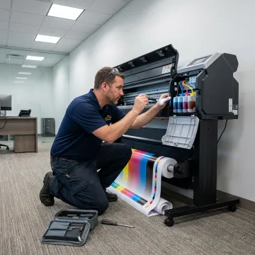 Technician servicing a large format printer