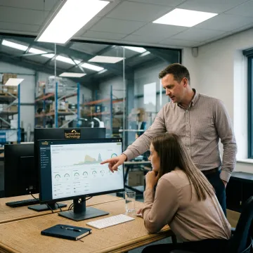 IT specialist reviewing network systems in a manufacturing office