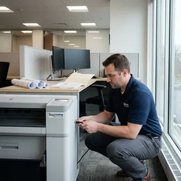 Technician setting up a large format scanner for office project documents