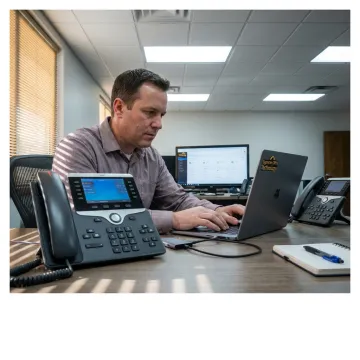 Technician configuring a cloud hosted VoIP phone system