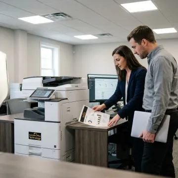 Office team reviewing print reports and marketing materials