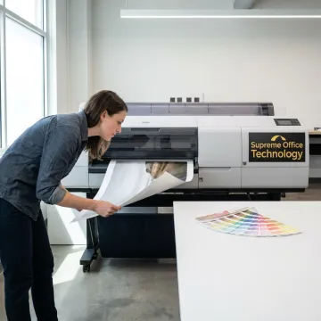 Artist reviewing a large format art print