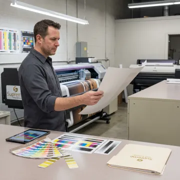 Print specialist reviewing large artwork proof