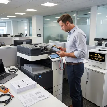 Office technology specialist reviewing managed print devices