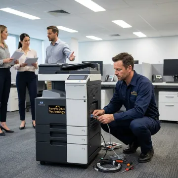 Technician setting up a rented office copier