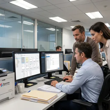 Financial office team reviewing digital document workflows