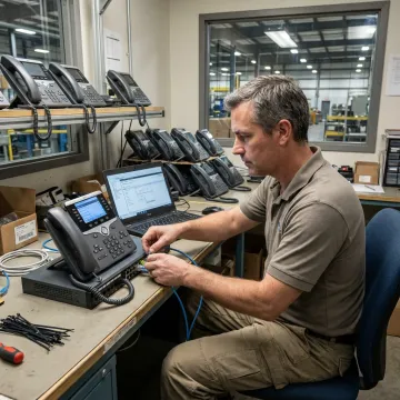 Technician configuring business phone system for manufacturing office