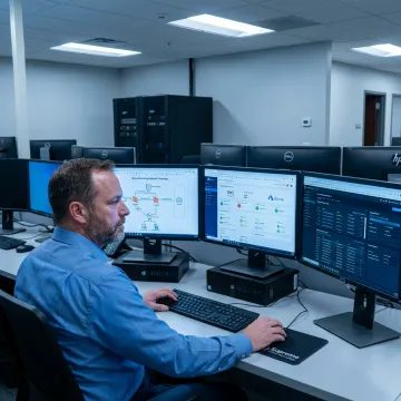 IT specialist reviewing secure financial network systems